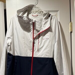 Nautica White, Navy & Red Colorblock Hooded Windbreaker